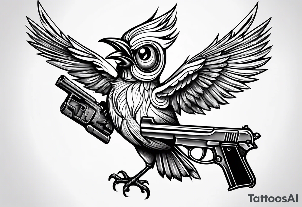 Cute cartoon Bird with a gun in its mouth tattoo idea