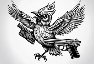 Cute cartoon Bird with a gun in its mouth tattoo idea