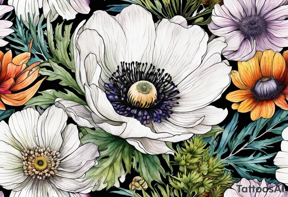 one white anemone with black center in the middle of mixed colorful wildflowers all with different shapes including thistles, ferns, ranuculus, and sun flowers all in watercolor tattoo idea