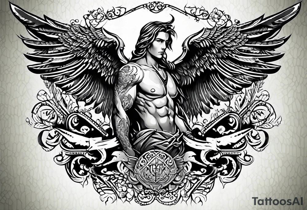 the word Glenn on a banner and angel wings tattoo idea