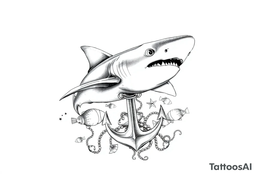 a hammerhead- shark, under it an anchor,fishes,jellyfisches,octopus. tattoo idea
