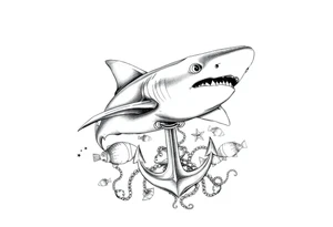 a hammerhead- shark, under it an anchor,fishes,jellyfisches,octopus. tattoo idea