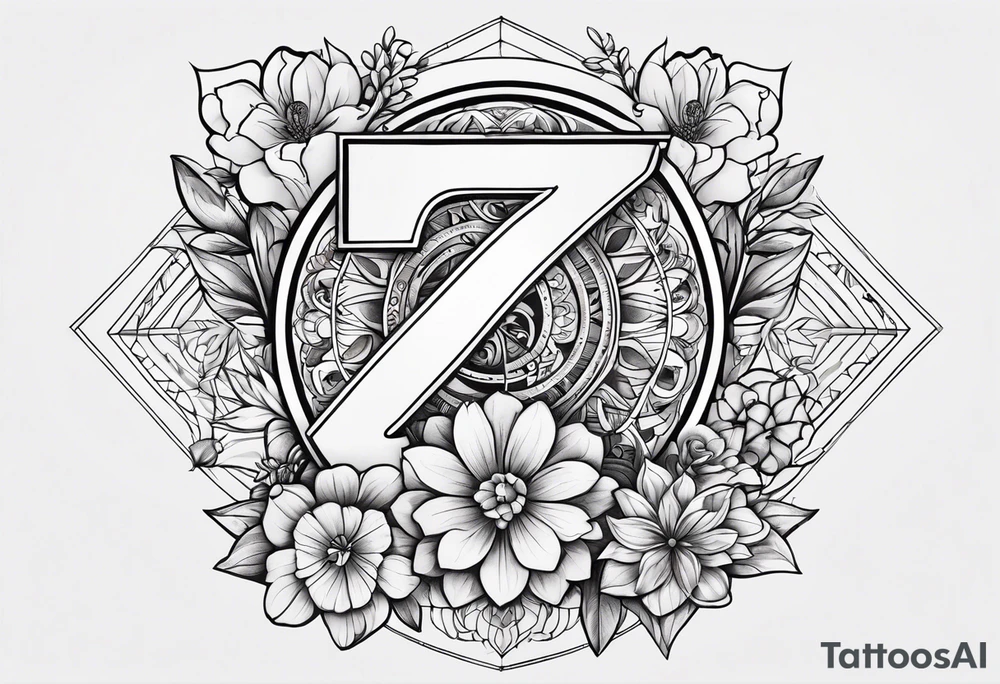 a tattoo in the shape of the number 7 which include the month December and the year 2024 as well as flower for the month of july and september in it tattoo idea