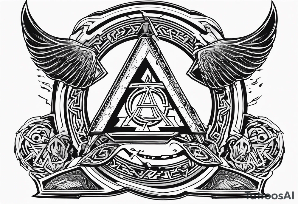 Valhalla fire sword shield axe Valknut ruins lightnings tattoo idea Valhalla fire sword shield axe Valknut ruins lightnings tattoo idea