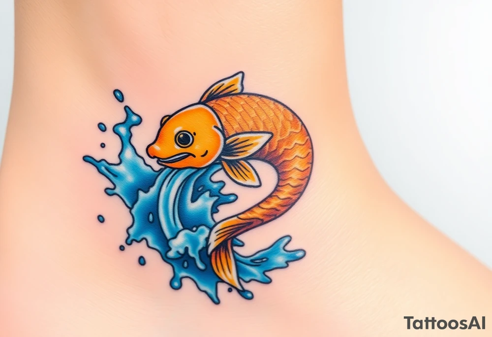 A powerful golden koi fish leaping up a waterfall, symbolizing perseverance and ambition, with vibrant blue water splashes. tattoo idea