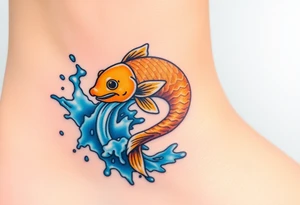 A powerful golden koi fish leaping up a waterfall, symbolizing perseverance and ambition, with vibrant blue water splashes. tattoo idea