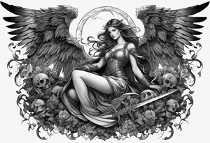 Angel with long sword on a pile of dead demons in etchwork style sleeve tattoo idea