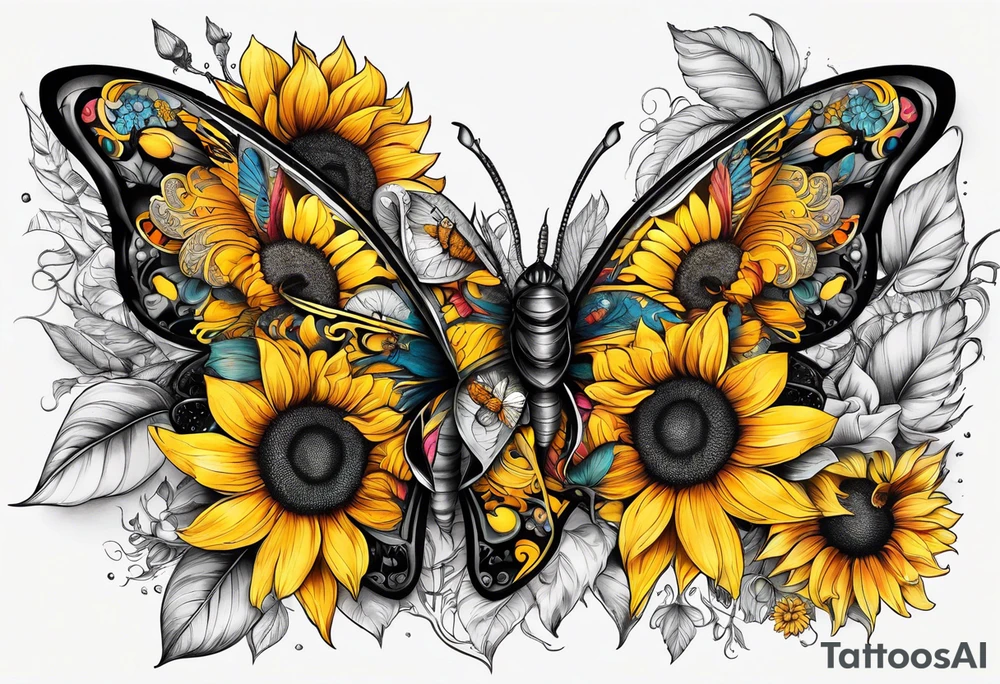 A beautiful blend of sunflowers bumblebee butterflies. They create a sexy and elegant design to run along the front of a woman's stomach. tattoo idea
