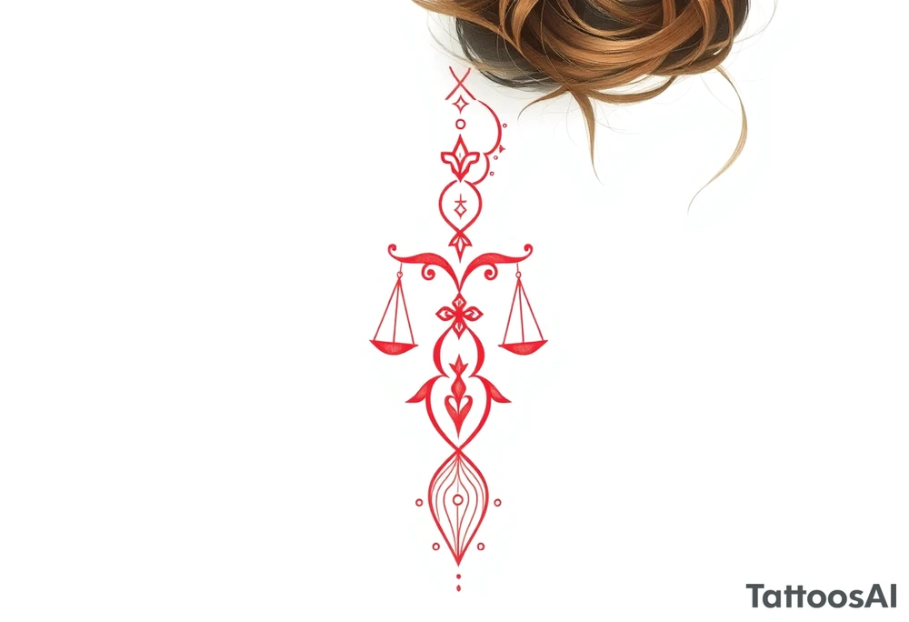 Tattoo that combines the star sign Taurus and Libra ,in red , down the spine tattoo idea