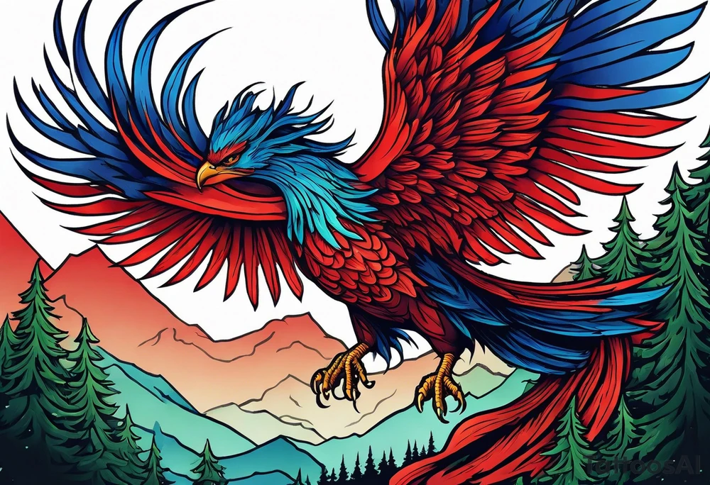 Blue and red Phoenix rising from the green ashes on a mountain tattoo idea