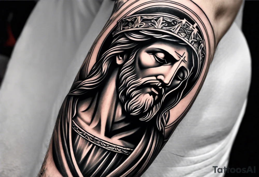 Catholic tattoo sleeve for a man. tattoo idea with Jesus on upper arm looking down tattoo idea