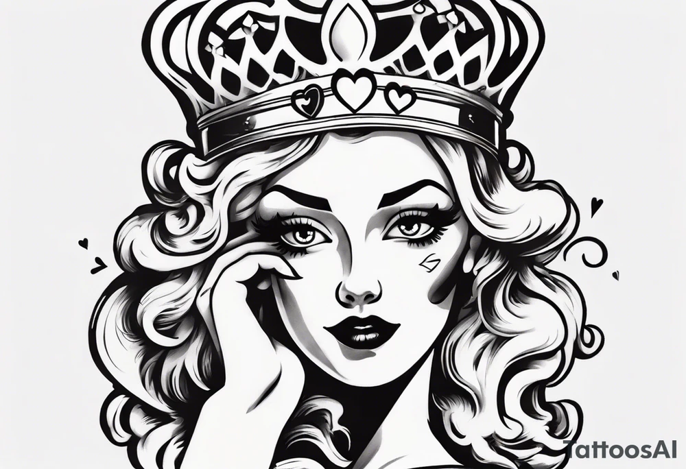 pin-up queen of hearts with a crown and eyes without pupils or irises tattoo idea