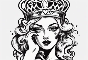 pin-up queen of hearts with a crown and eyes without pupils or irises tattoo idea