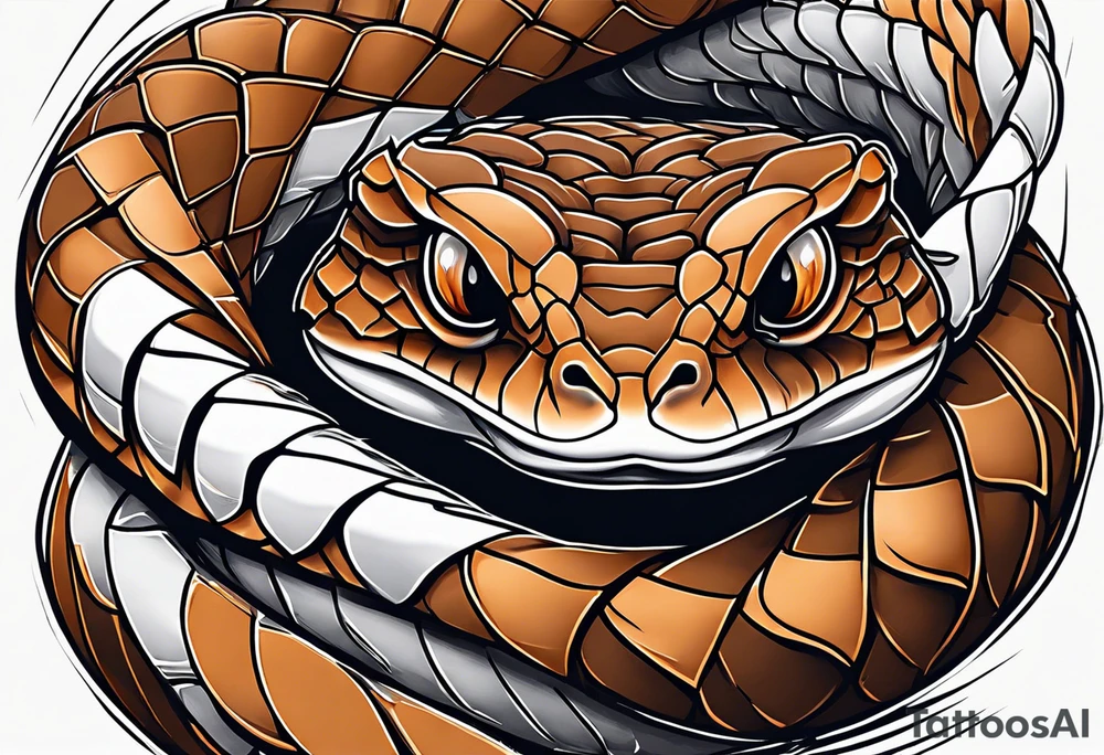 Copperhead coiled up with head turned up and mouth open and copper colored eyes tattoo idea