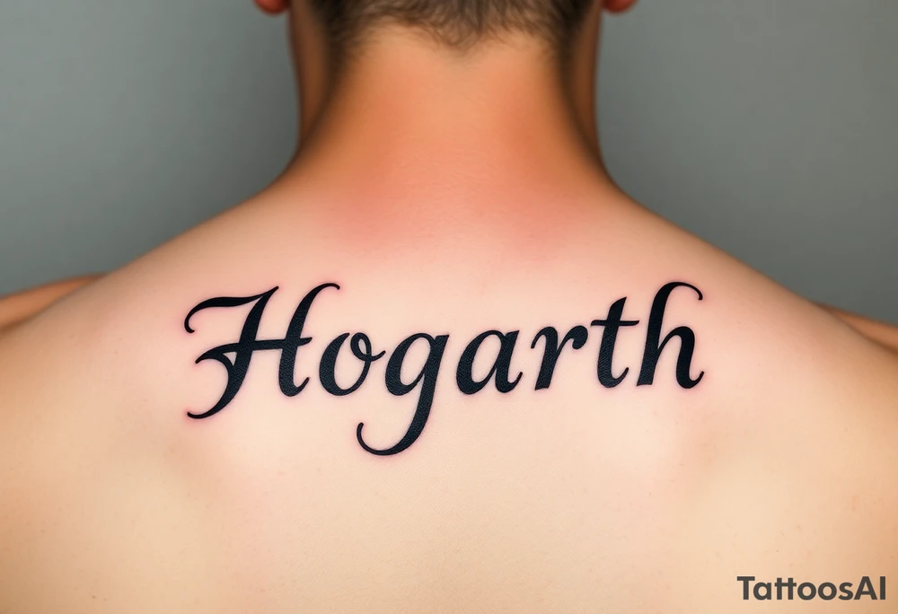 Hogarth in calligraphy style lettering thin with like cursive writing in the middle of my back at the top just under my neck tattoo idea