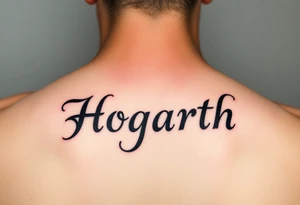 Hogarth in calligraphy style lettering thin with like cursive writing in the middle of my back at the top just under my neck tattoo idea