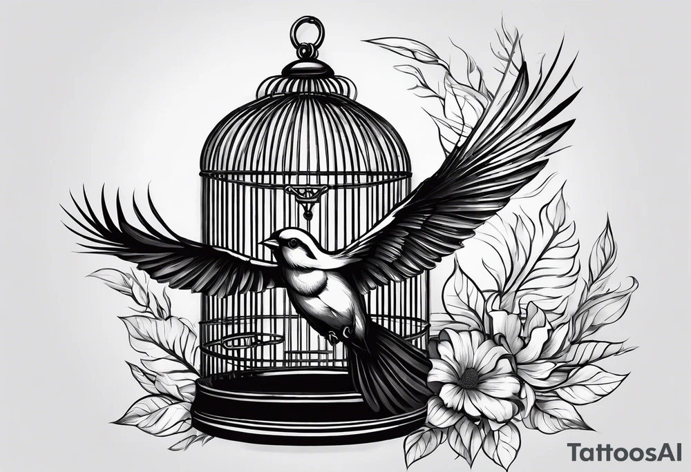 An open bird cage with a beautiful bird flying out of it. Front facing, it should be looking into the cage with the bird flying toward you out of the cage tattoo idea