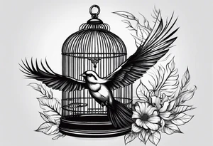 An open bird cage with a beautiful bird flying out of it. Front facing, it should be looking into the cage with the bird flying toward you out of the cage tattoo idea