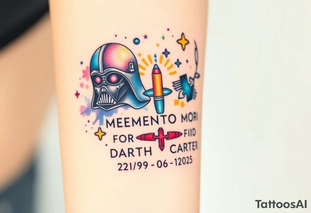 colorful futuristic memory tattoo for passed boyfriend;, star wars, space, Harley Davidson, skateboarding, puzzle pieces, video games, heaven, god, outdoors, 9mm bullet, words MEMENTO MORI & DARTH CARTER 12/29/88-01/06/2025 tattoo idea