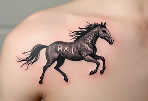 horse silhouette from the front which gallops from the front, with the 3 small letters discreetly integrated into the lines: M, A, L tattoo idea