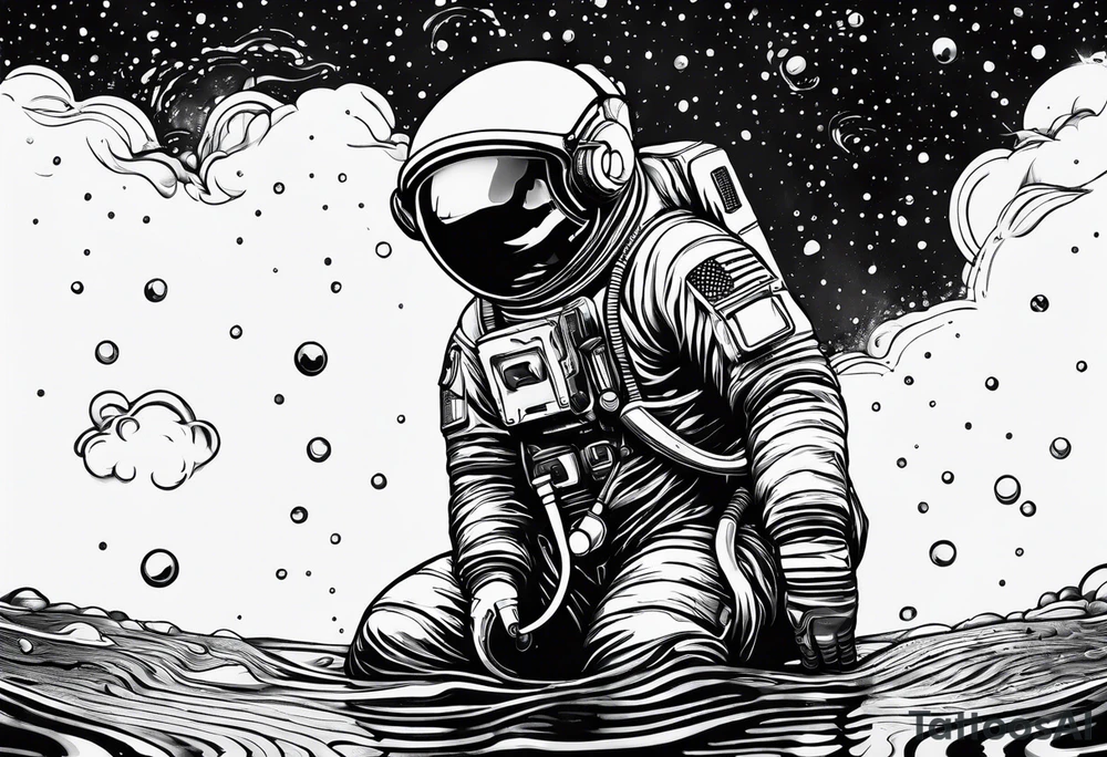 rain puddle under the feet of an astronaut tattoo idea