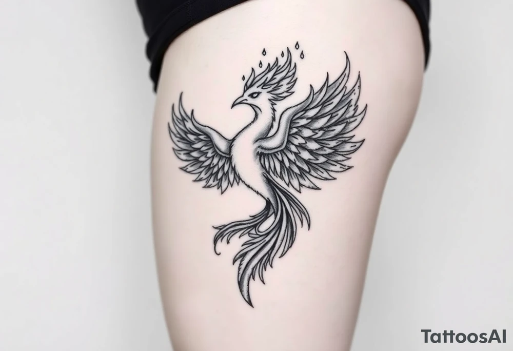 majestic fiery phoenix surrounded by fire. with a crown of fire flapping wings with a flaming tail tattoo idea