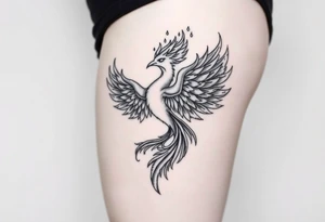 majestic fiery phoenix surrounded by fire. with a crown of fire flapping wings with a flaming tail tattoo idea