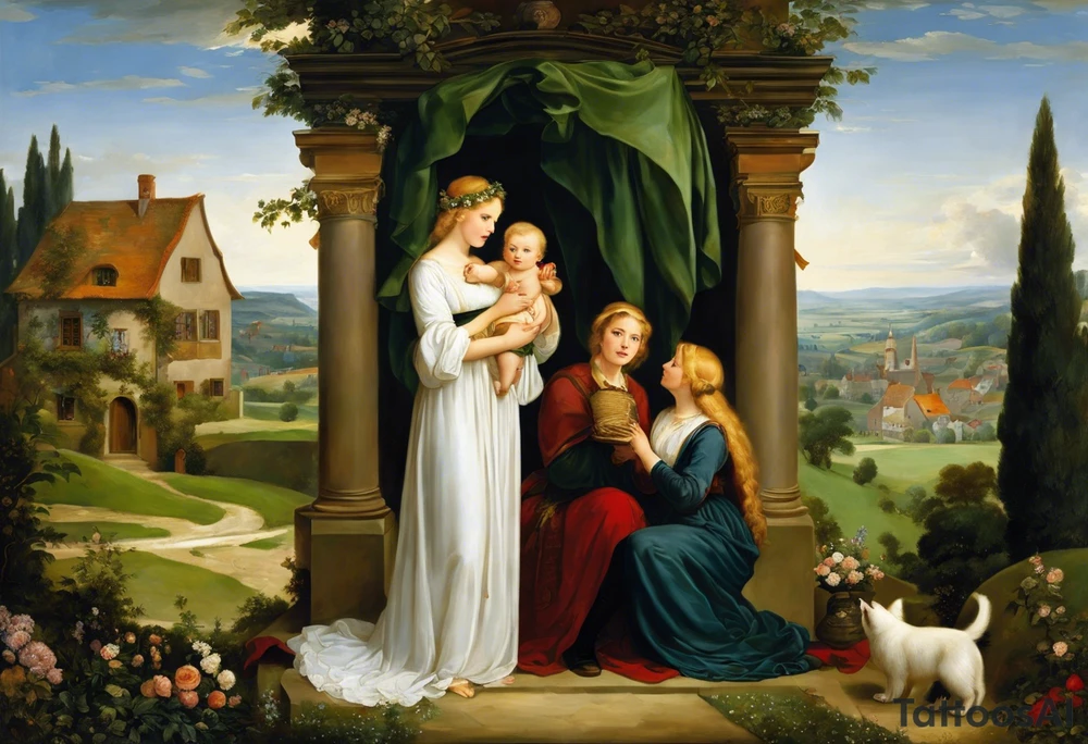 3 webliche Menschen die nebeneinander stehen. Die linke ist ein junges mädchen, die mittlere eine reife Frau, die rechte eine sehr alte frau. Sie blicken  nach vorne.
Es sind 3 weberinen. Sie symbolisisren die moiren, alte schicksalsgöttinen. in schwarz und weis als tattoo tattoo idea