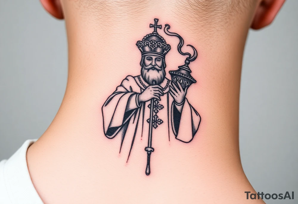 Russian Orthodox Priest in a fully detailed gold vestment swinging a censer with smoke curling upward tattoo idea