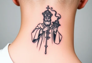 Russian Orthodox Priest in a fully detailed gold vestment swinging a censer with smoke curling upward tattoo idea