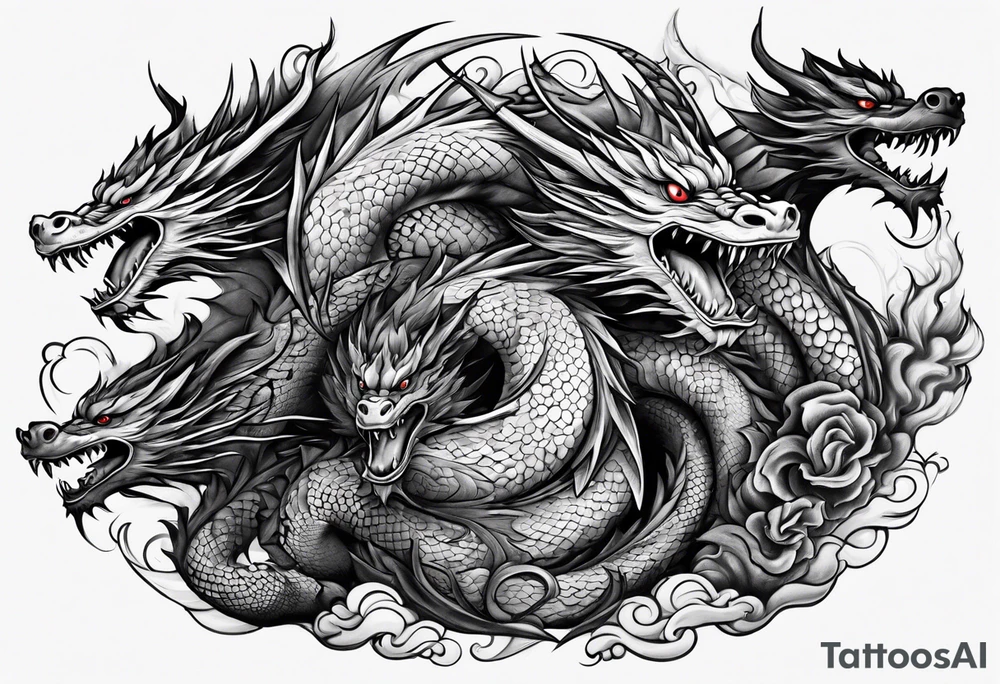 Family of five flying dragons tattoo idea