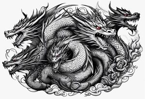Family of five flying dragons tattoo idea