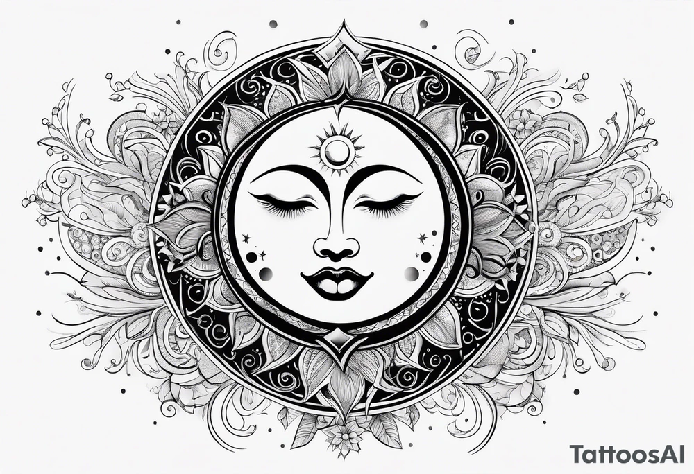 Feminine Sun and moon. long rectangular sternum swirls and dots and stars tattoo idea