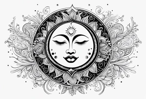 Feminine Sun and moon. long rectangular sternum swirls and dots and stars tattoo idea