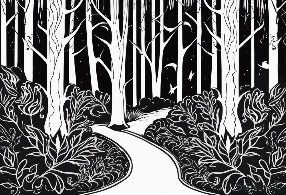 long black scary silhouettes with white eyes in a big dark forest tattoo idea