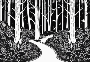 long black scary silhouettes with white eyes in a big dark forest tattoo idea