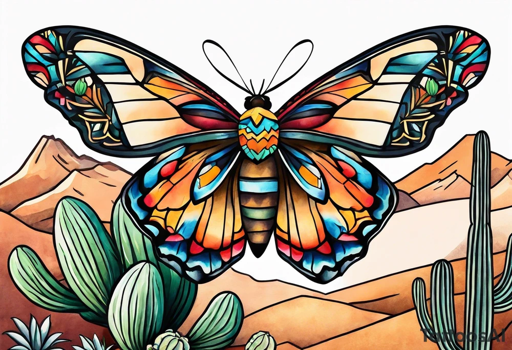 Modern Mexican style small moth flying over a desert garden with cactus and small succulents tattoo idea