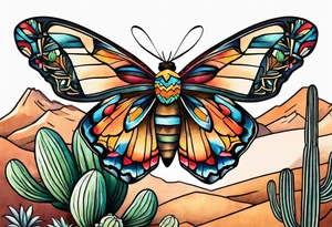 Modern Mexican style small moth flying over a desert garden with cactus and small succulents tattoo idea