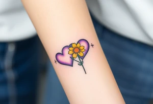 simple with Purple Hearts with yellow daisy with cross tattoo idea