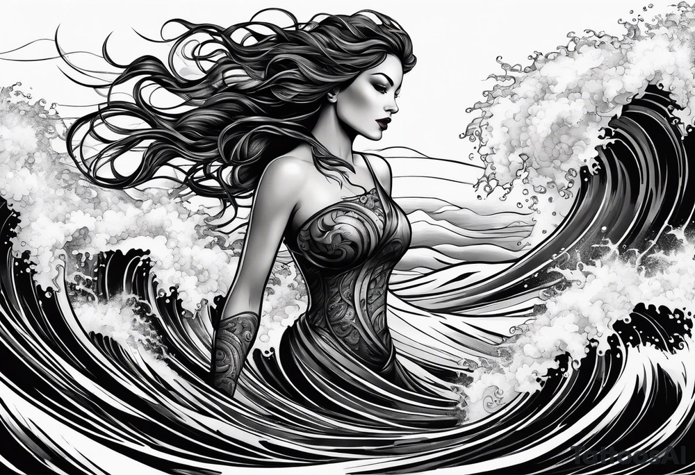 stormy sea waves, full-length woman in the middle of the storm tattoo idea