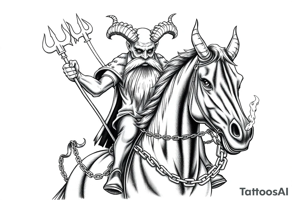 An insanely weird wild crazy man with the biggest eyes I’ve ever seen with a long beard and bald head and goat goats horns riding on the back of a Clydesdale horse holding the devils trident in 1 hand and the other hand holding a chain that’s around the horses neck hanging on as if his life dependent on it the horse having eyes bulging hot of its headsmoke coming out of the nose of the horse showing teeth like a t-rex tattoo idea
