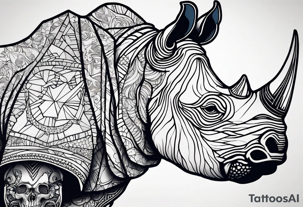 Rhino head split with a skull with black and white accents tattoo idea