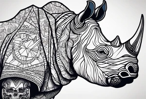 Rhino head split with a skull with black and white accents tattoo idea