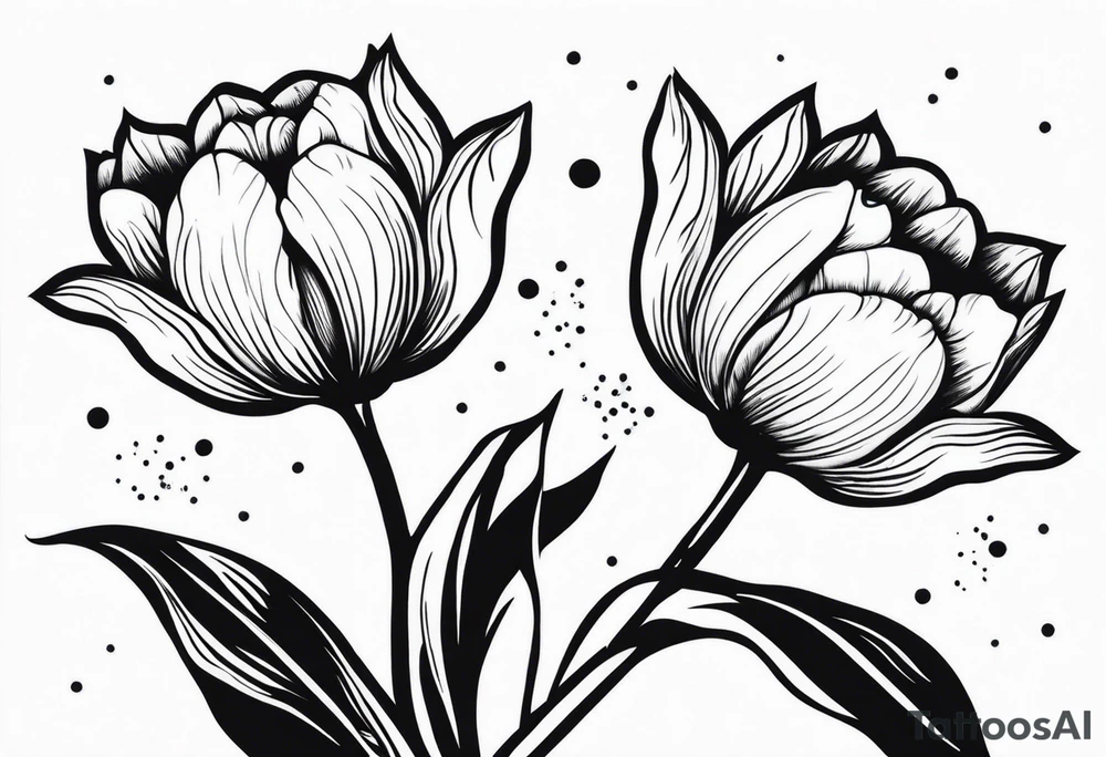 two tulips either side with a sunflower in the middle with some leaves and surrounded by some small dots tattoo idea