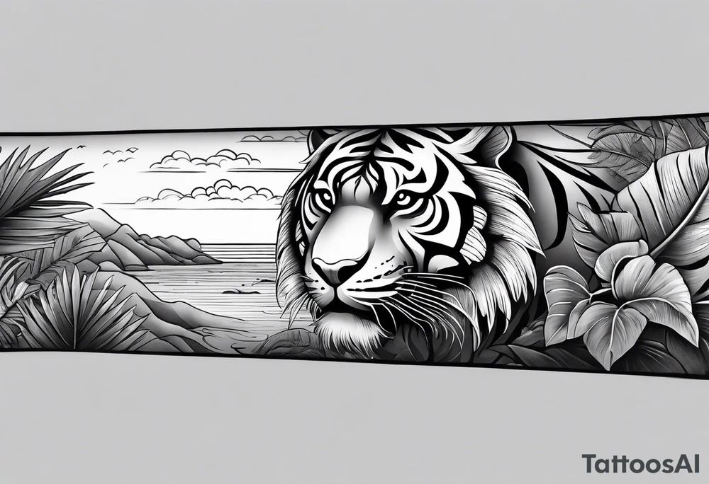 Full arm tattoo sleeve design.  Small minimalist tiger coming down front of shoulder, monstera foliage on forearm, beach landscape on bicep tattoo idea