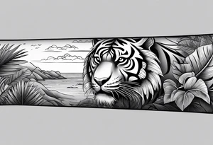 Full arm tattoo sleeve design.  Small minimalist tiger coming down front of shoulder, monstera foliage on forearm, beach landscape on bicep tattoo idea