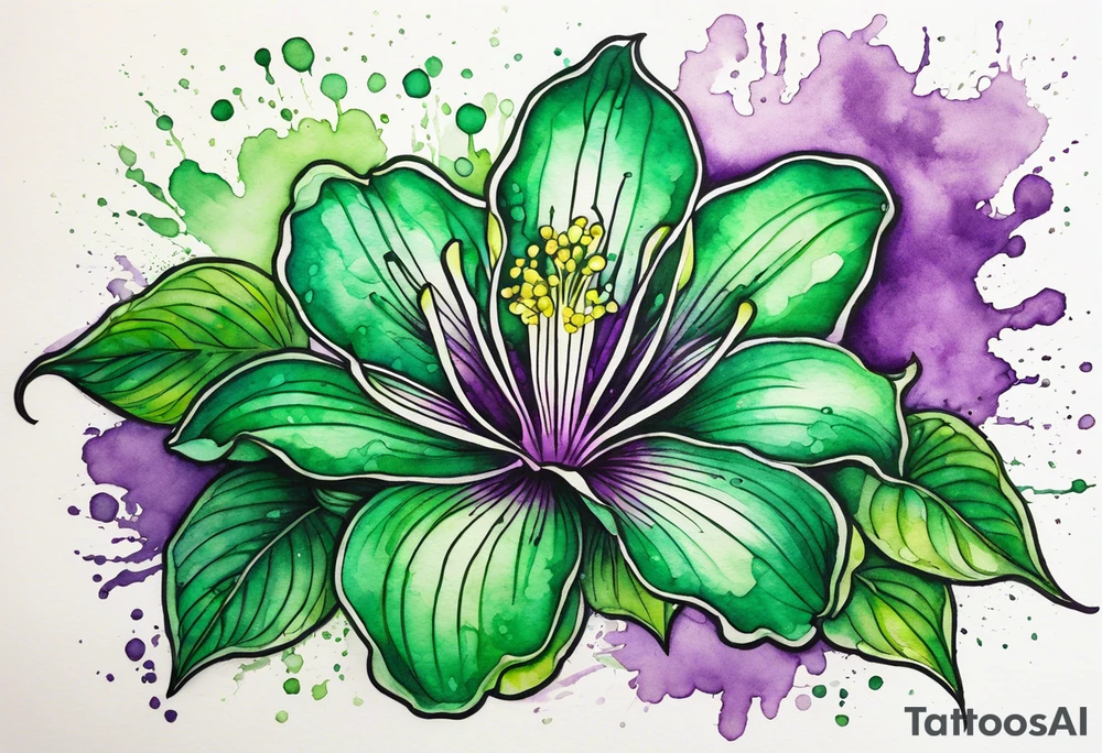 An outline of an only green rio dipladenia flower and a green and purple watercolor splash in the background tattoo idea