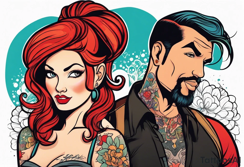 Busty Red haired woman with tall black haired man tattoo idea