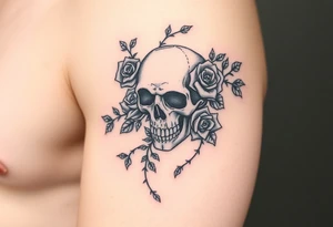 gothic skull intertwined with climbing roses and thorny vines tattoo idea