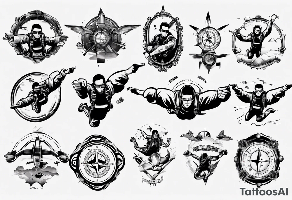 skydiving, shooting guns, compass, adventure tattoo idea